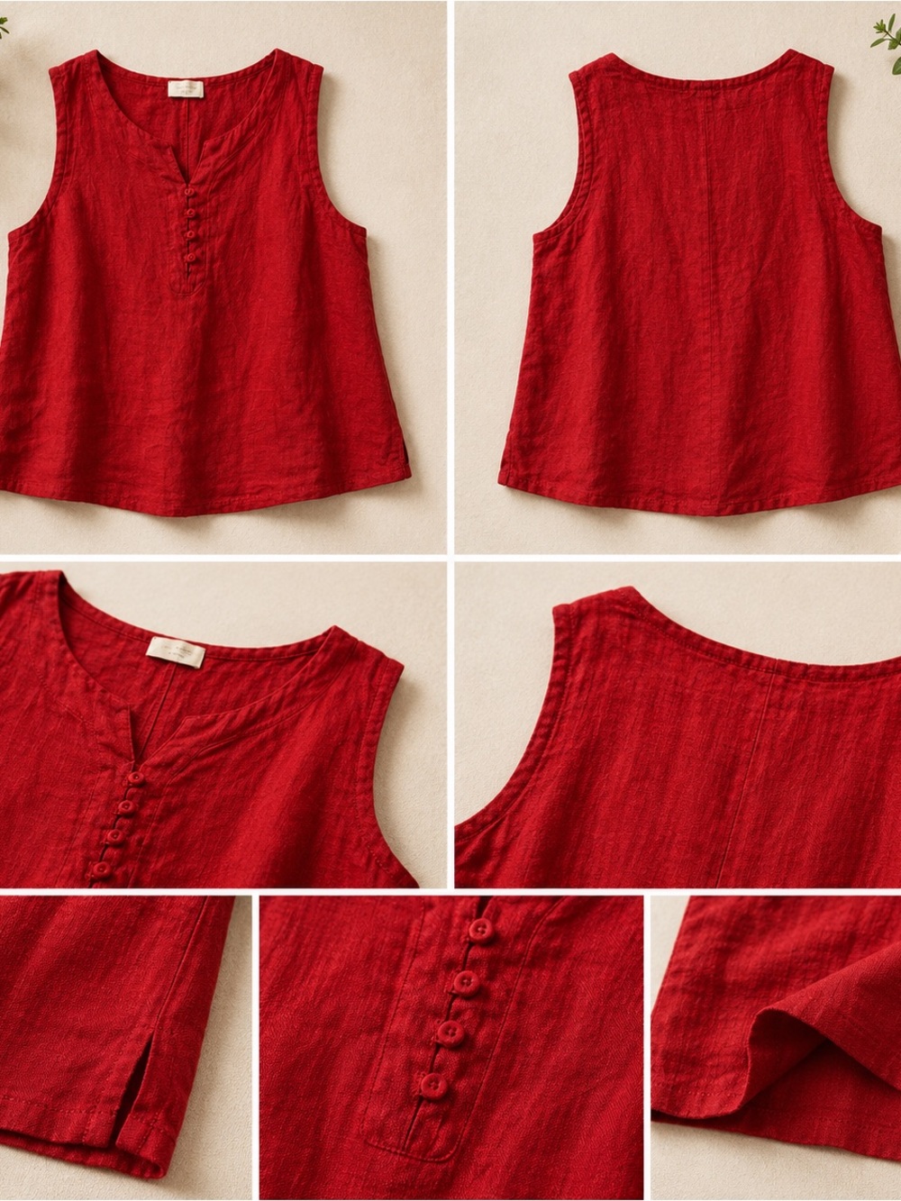Women's Red Linen Button-Front Sleeveless Top